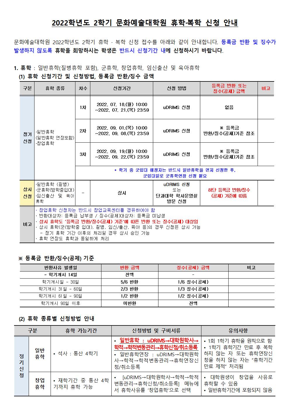 문화예술대학원 휴,복학신청안내