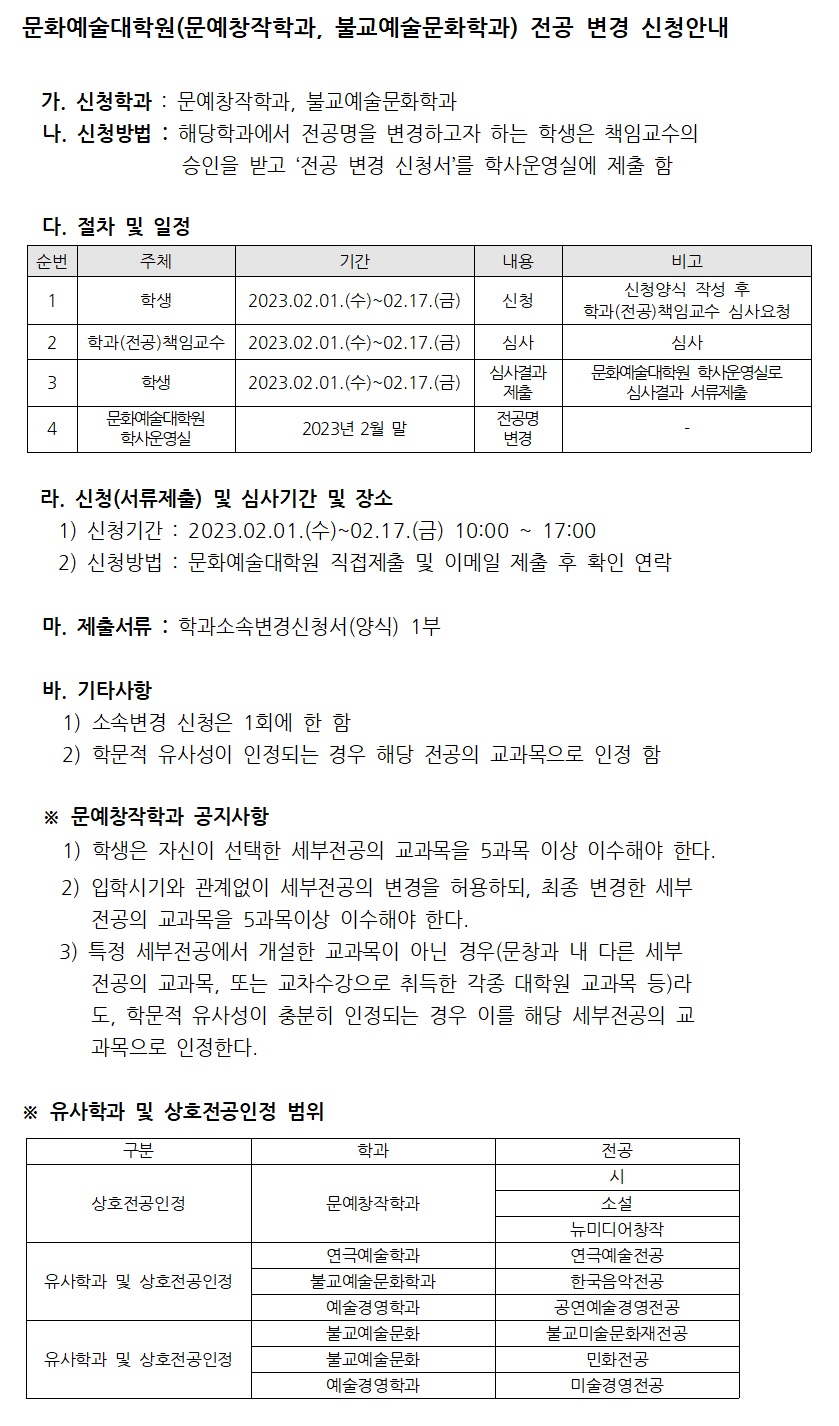 문화예술대학원(문예창작학과, 불교예술문화학과) 전공 변경 신청안내